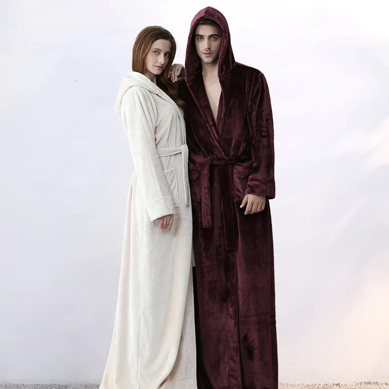 

Autumn and winter thickened and long bathrobes female winter coral fleece men's hooded bathrobe couple hooded flannel nightgown