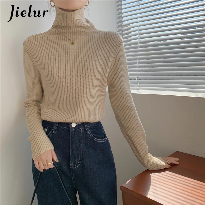 Jielur Свитер женский с высоким воротником флисовый вязаный облегающий пуловер