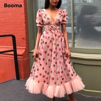 booma pink strawberry midi prom dresses v neck short sleeves a line wedding party dresses tea length glitter tulle prom gowns