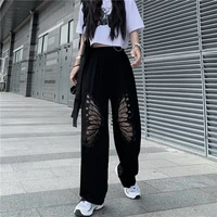 2021 spring and autumn high elastic waist black hollow butterfly print long harem pants new loose casual pants women fashion