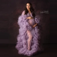 charming lavander puffy tulle pregnancy robes long sleeves sheer custom made plus size fluffy maternity dressing gowns