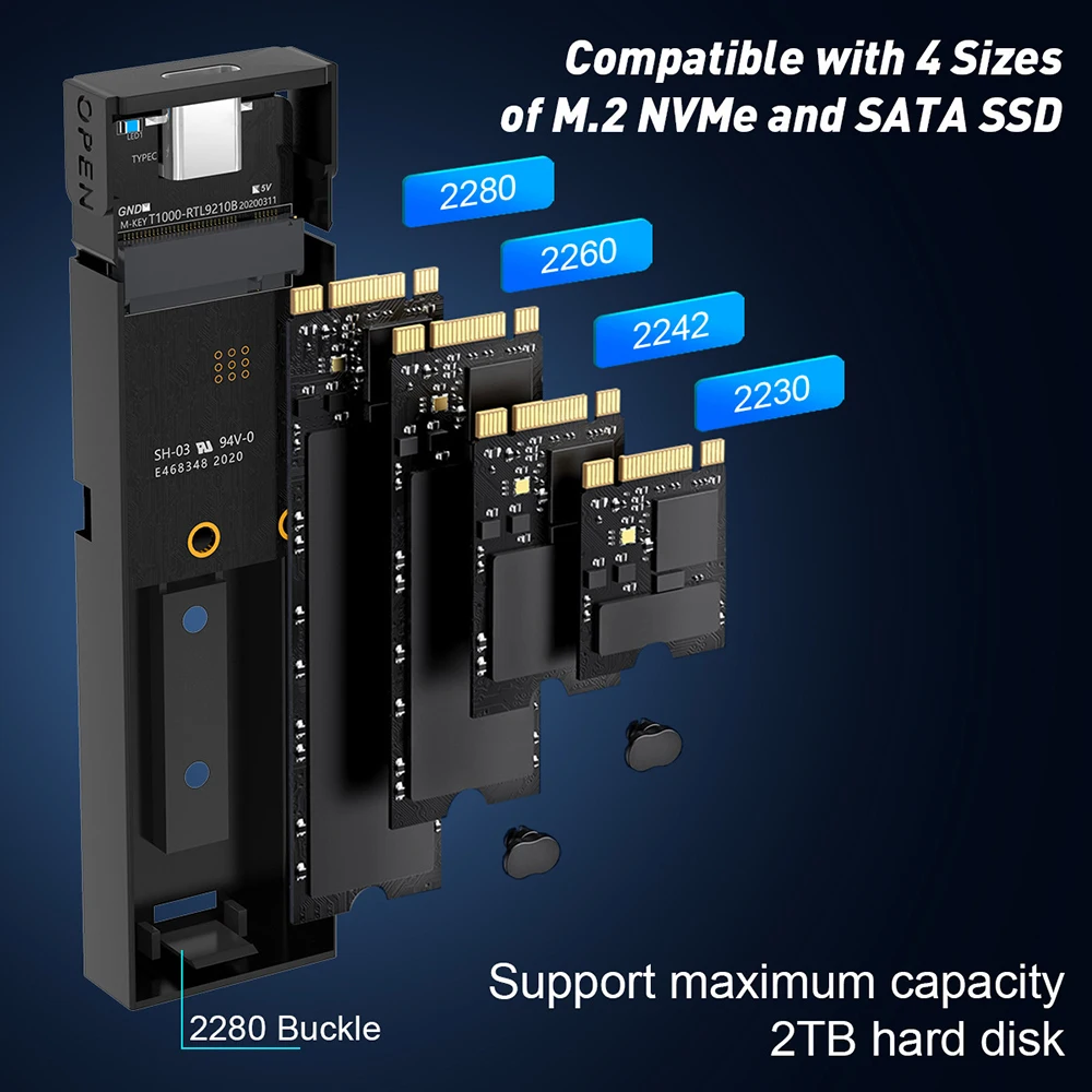 Dual Protocol M.2 NVMe Case USB C Gen2 10Gbps PCIe SSD M2 SATA NGFF 5Gbps Tool Free For 2230/2242/2260/2280 |