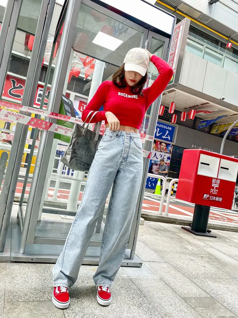 

Spring and autumn new style retro washed solid color long jeans women, street fashion is thin high-waisted wide-leg jeans women