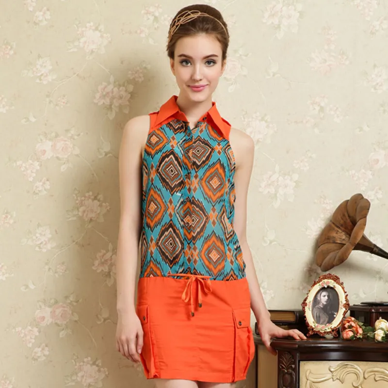 

Summer Sleeveless Turn-down Collar Sexy Dress High-end Vacation Dress Vintage Women Streetwear Print Patchwork Dress Vestidos