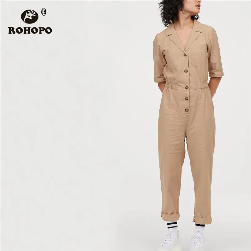 ROHOPO Ruched манжеты с короткими рукавами и лацканами воротник хаки хлопок комбинезон-карго внешние кнопки верхние карманы эластичная талия сплошной набор#9218