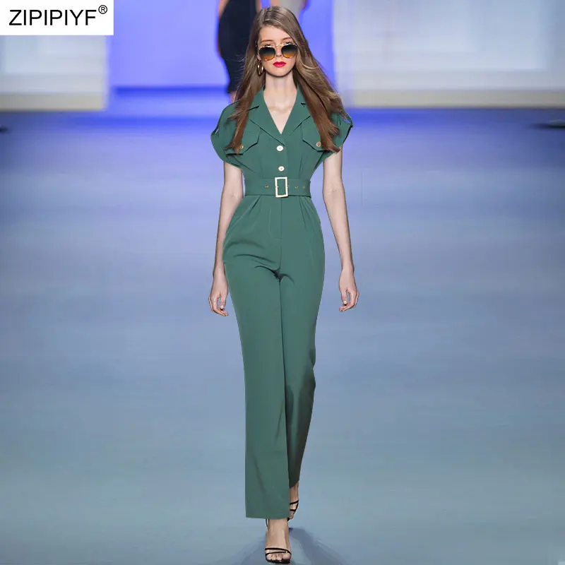 

2021 Summer Runway Fashion Simple Design Turn Down Neck Single-Breasted Short Sleeve High Waist Belt Office Lady Jumpsuits Z423