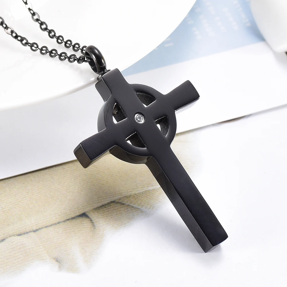 

IJD9848 Stainless Steel Black Inlay Crystal Cross Pendant Souvenir Memorial for Ashes Urn Cremation Fashion Jewelry Gift