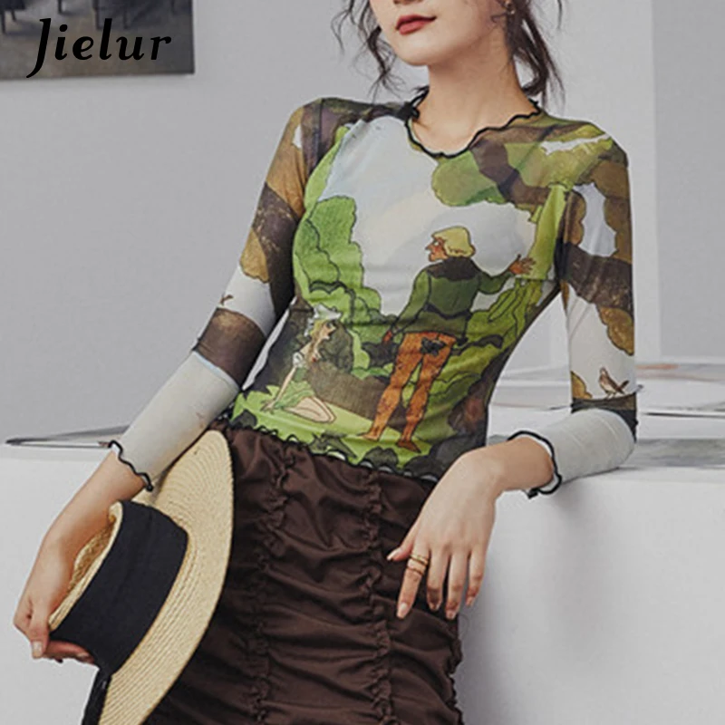 

Jielur Moon Print T-shirt Long Sleeve Top Tshirt Female Slim Sexy Hit Color Patchwork Woman T-shirts Casual Vintage Clothing Tee