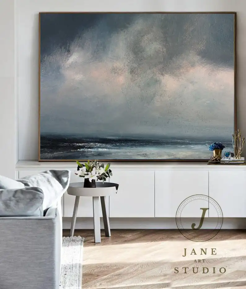 

Картина маслом на холсте с изображением синего океана, пейзаж с большим небом на холсте, большая серая абстрактная картина, Большая Морская ...