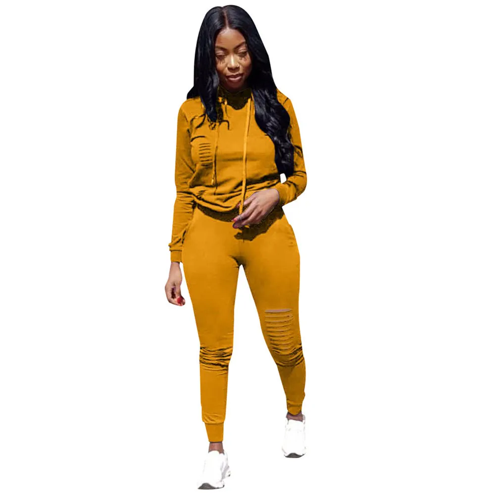 

women's solid color sport burnt flower Hoodie set