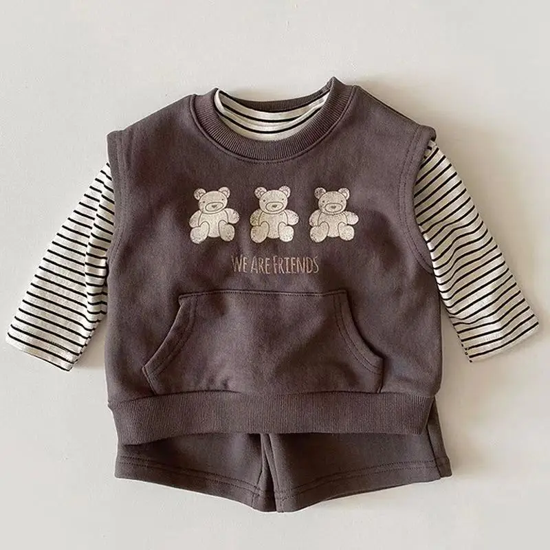 

Autumn Long Sleeve Baby Clothes Set 2022 New Bear Print Sweatshirt + Striped Shirts + Shorts Children 3pcs Suit Kids Casual Set