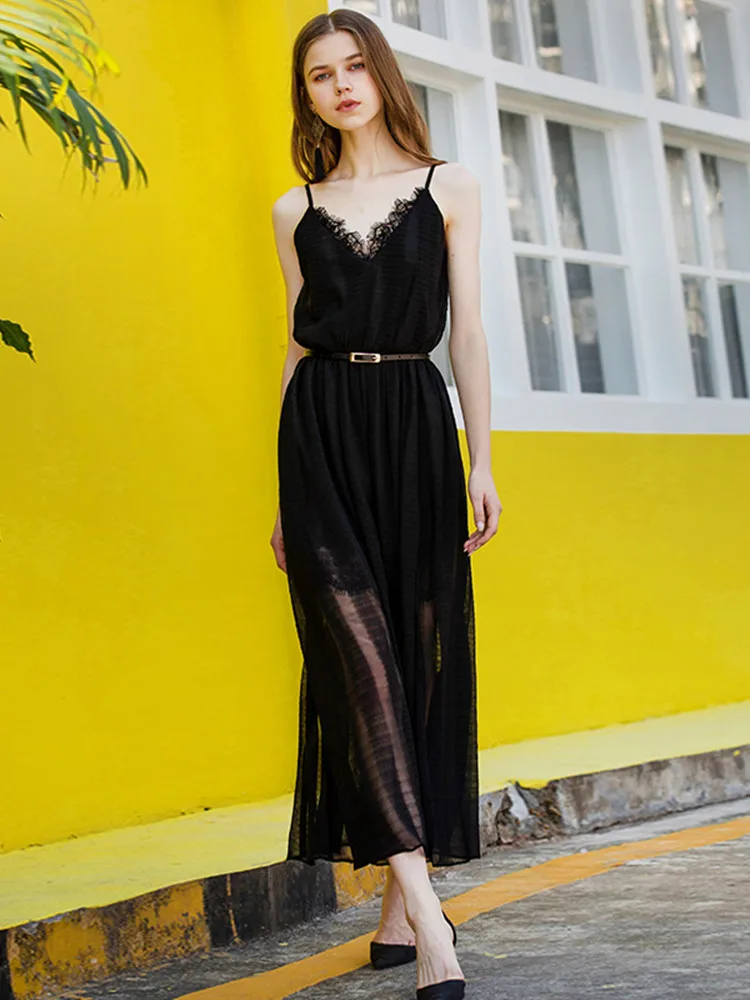 

Mesh Dress Female Summer New Style Literary French Lace Sweet Temperament Little Sexy Split Chiffon A-line Skirt V-neck