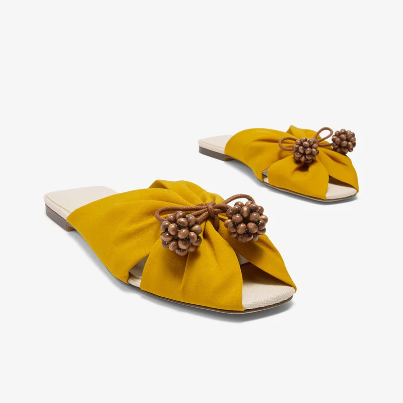 

Women's Shoes Summer 2021 New Product Fish Mouth Square Head Bow Beaded Round Ball Slippers Flat Sandals Zapatos De Mujer