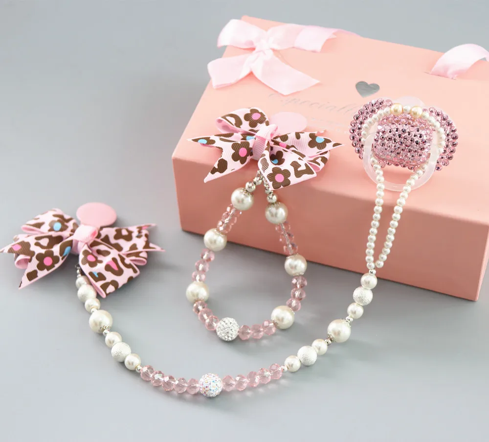 pink Leopard На заказ стеклянные хрустальные детские соски с зажимами, бисероплетение, бриллиантовый бант, соски с цепочкой для новорожденных, детские подарки на день рождения, сувенир - Цвет: pink Leopard