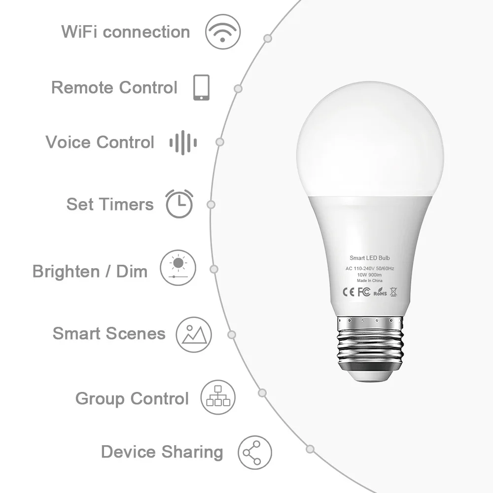 Tuya Smart Life Wifi умный светодиодный светильник, лампа E27 10 Вт 900Lm 6500 К, холодный белый светильник, работает с Alexa Google Home IFTTT