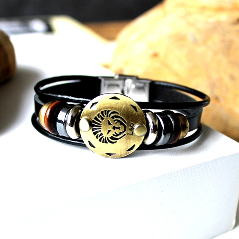 Мужской браслет в стиле панк из натуральной кожи с 12 созвездиями|Браслеты
