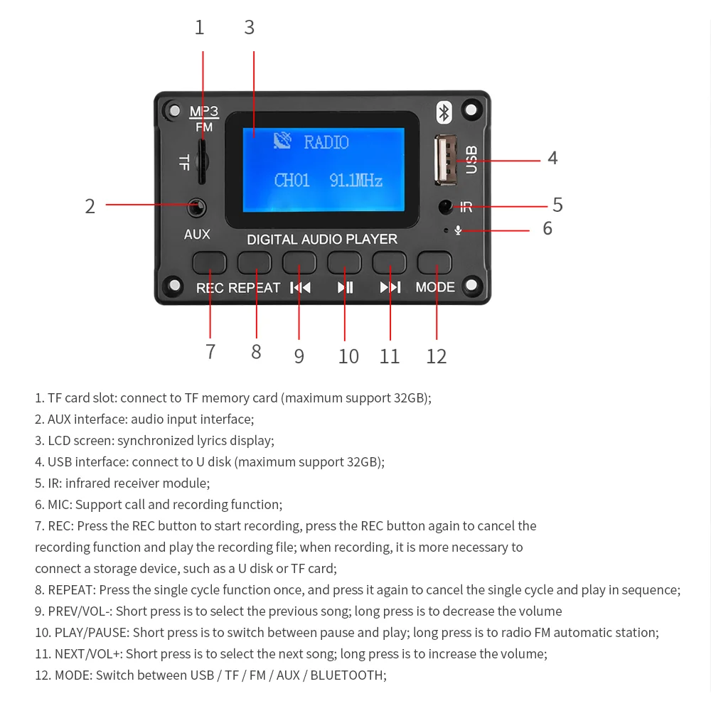 Автомобильный диктофон сделай сам Bluetooth модуль mp3 плеер декоративная плата