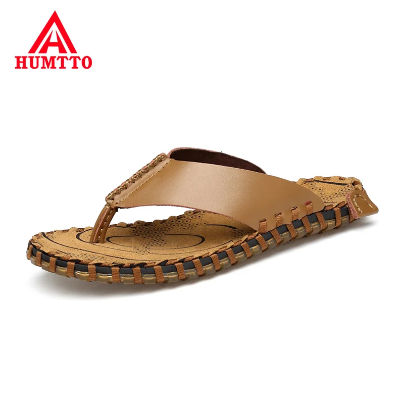 Шлепанцы мужские из натуральной кожи Повседневная пляжная обувь Прошитые