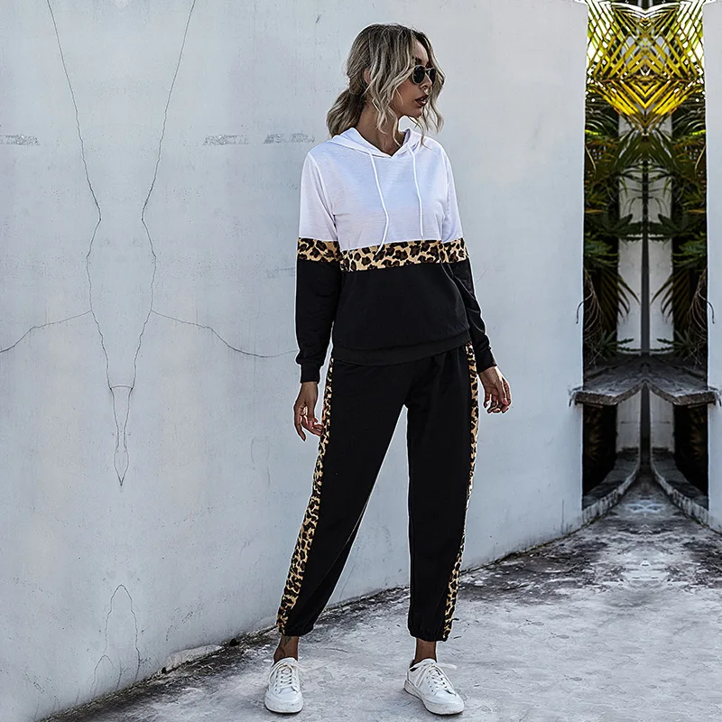 Autumn and Winter New Style Sweater Stitching Two-piece Casual Fashion Sports Suit Female Leopard Print Slim Suit