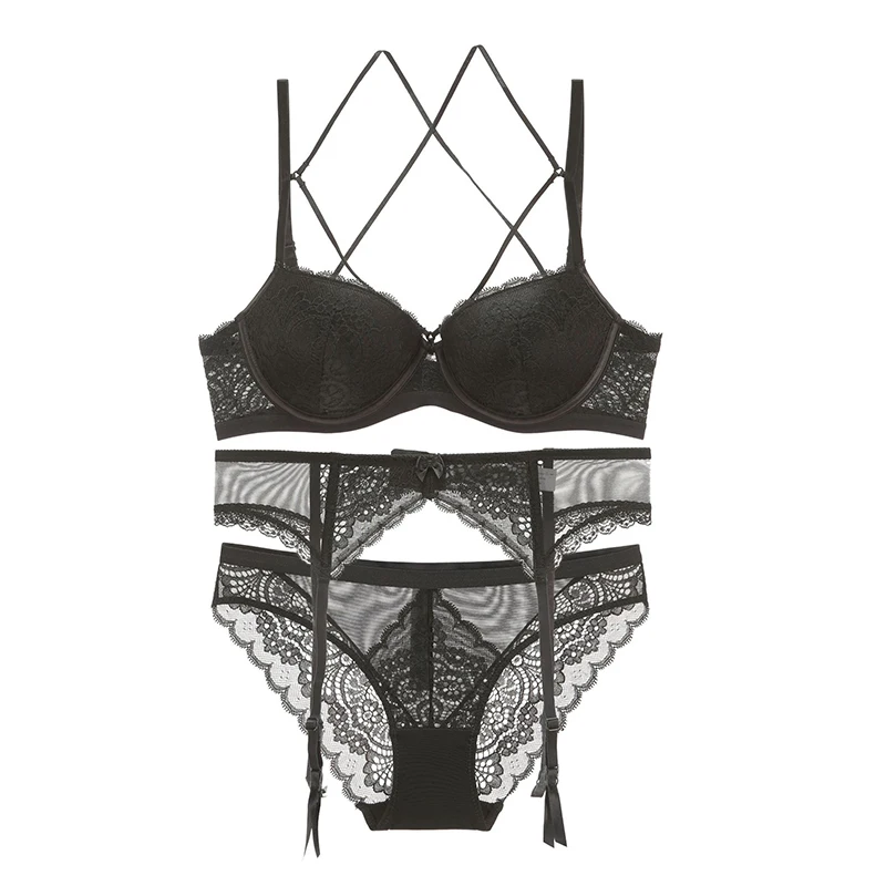 Sexy Lace Bra+ Panties+ Garters Set Underwear Push Up Bra Thick Padded Backless Bandage Bra A B C D Cup Women Lingerie