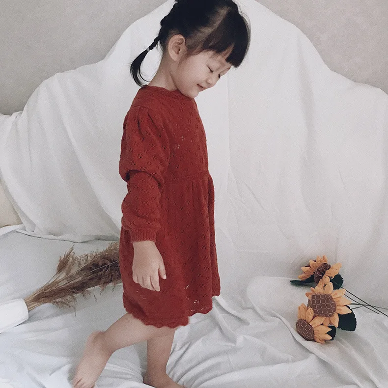 

2021 New Style for Autumn and Winter Girl's Dress Children's Hollow-out Long-Sleeved Dress Knitted Woolen dress