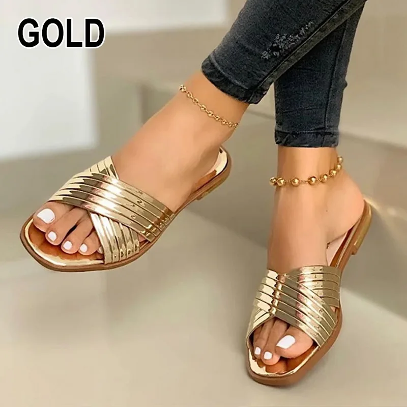 

Summer New Women's Shoes Outdoor PU leather Sandals Flat-bottomed Comfortable Beach Shoes Fashion Sandals Female Slides