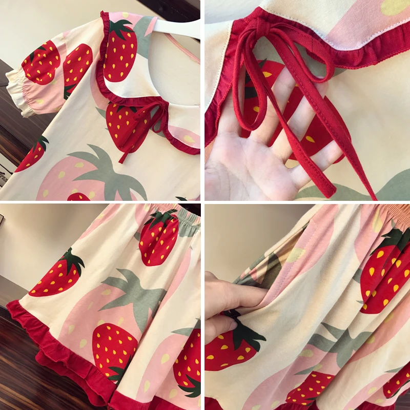 

Summer 2020 New Fruit Print Cotton Pajamas 2 Piece Set Women Cute Peter pan collar Ruched Ruffle Strawberry Print Top+Shorts Set
