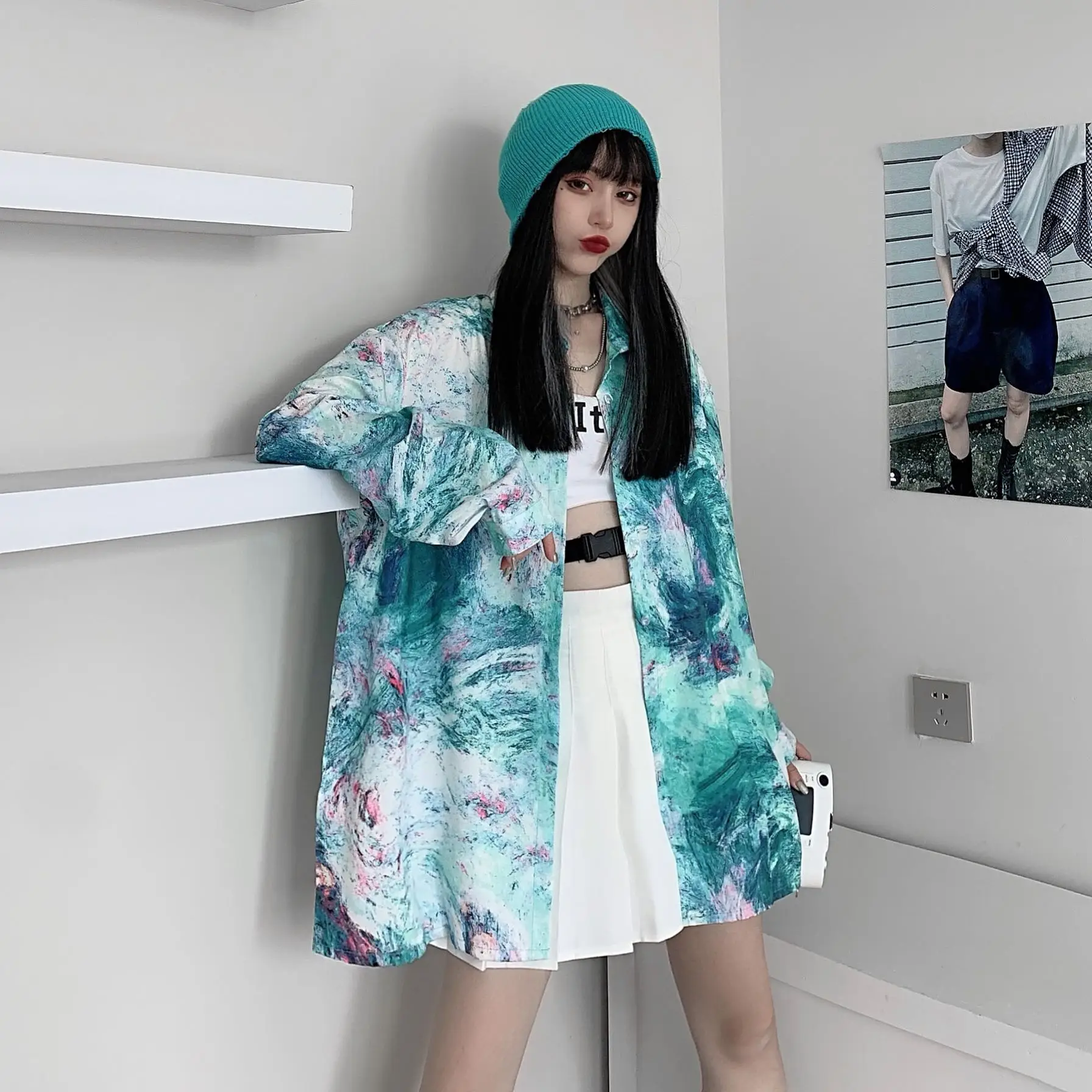 

Spring and Autumn Korean style retro loose fashion tie-dye long-sleeved shirt