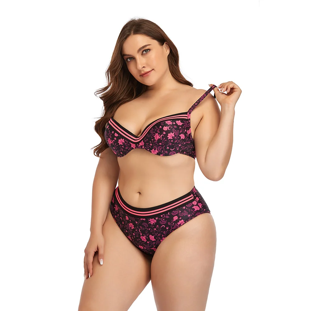 

2021 Swimwear High Waisted Two Piece Plus Size Large Size Plus Fat Printed Swimsuit Women Back Lace Up Bikini Beach Bathing Suit