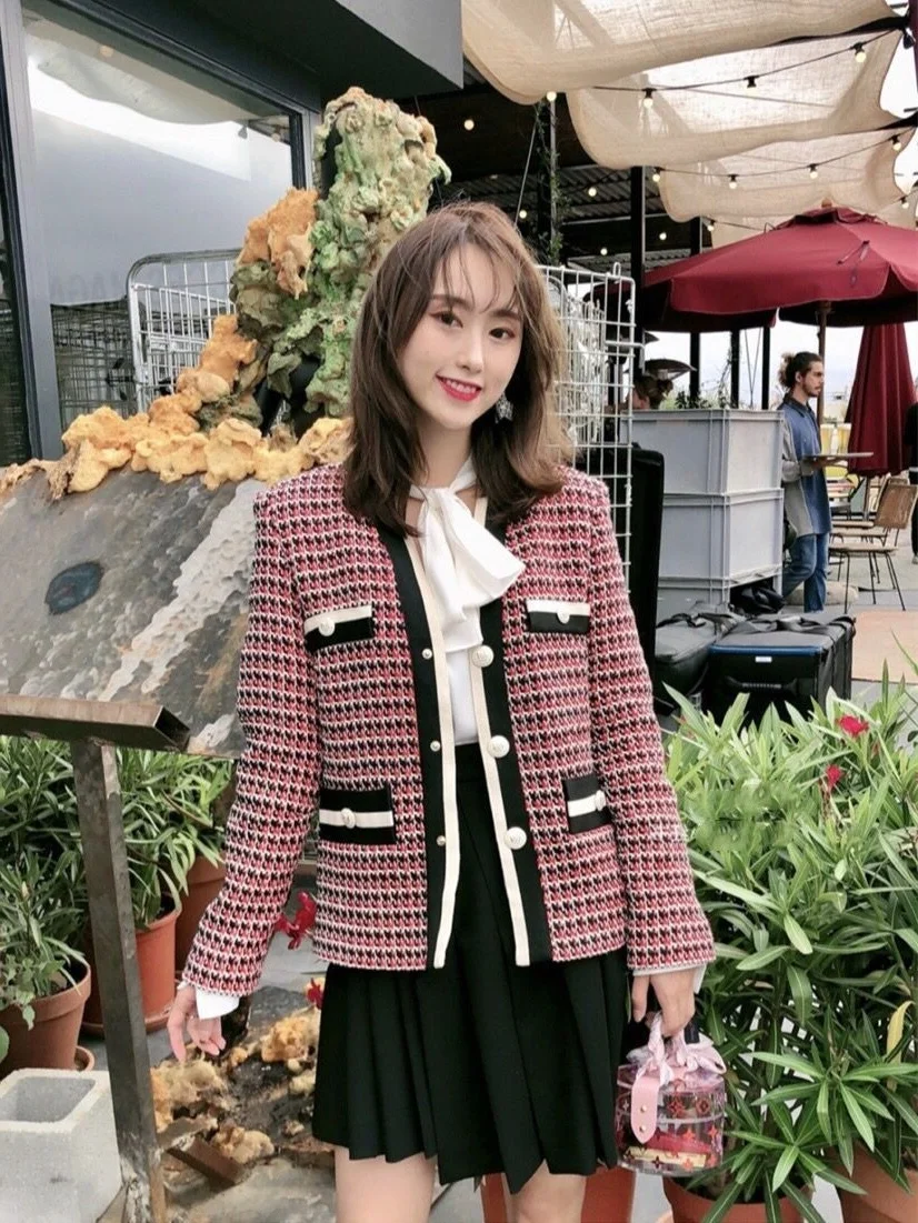 

jacket wind knitted family women's small new color contrast splicing cardigan in autumn and winter 2019