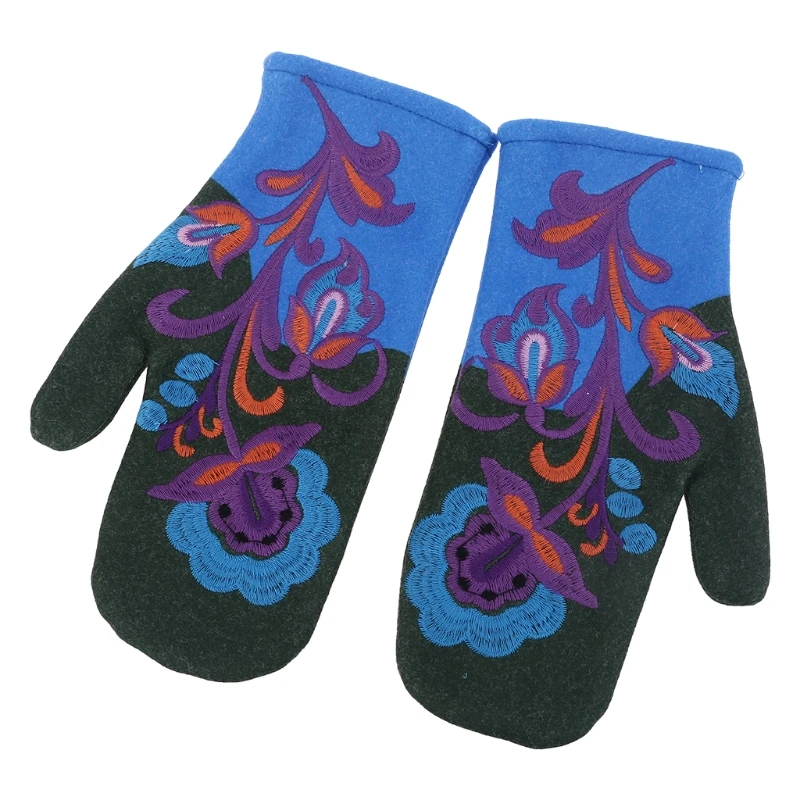 

Women Winter Faux Cashmere Warm Full Finger Gloves Floral Embroidery Mittens