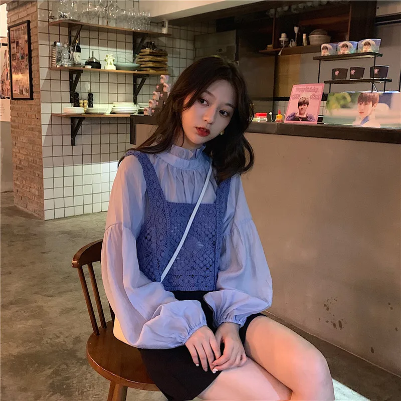 

spring autumn new female shirt tops sweet Korean style long sleeve blouse Hook flower camis vest two piece set Women's Clothing