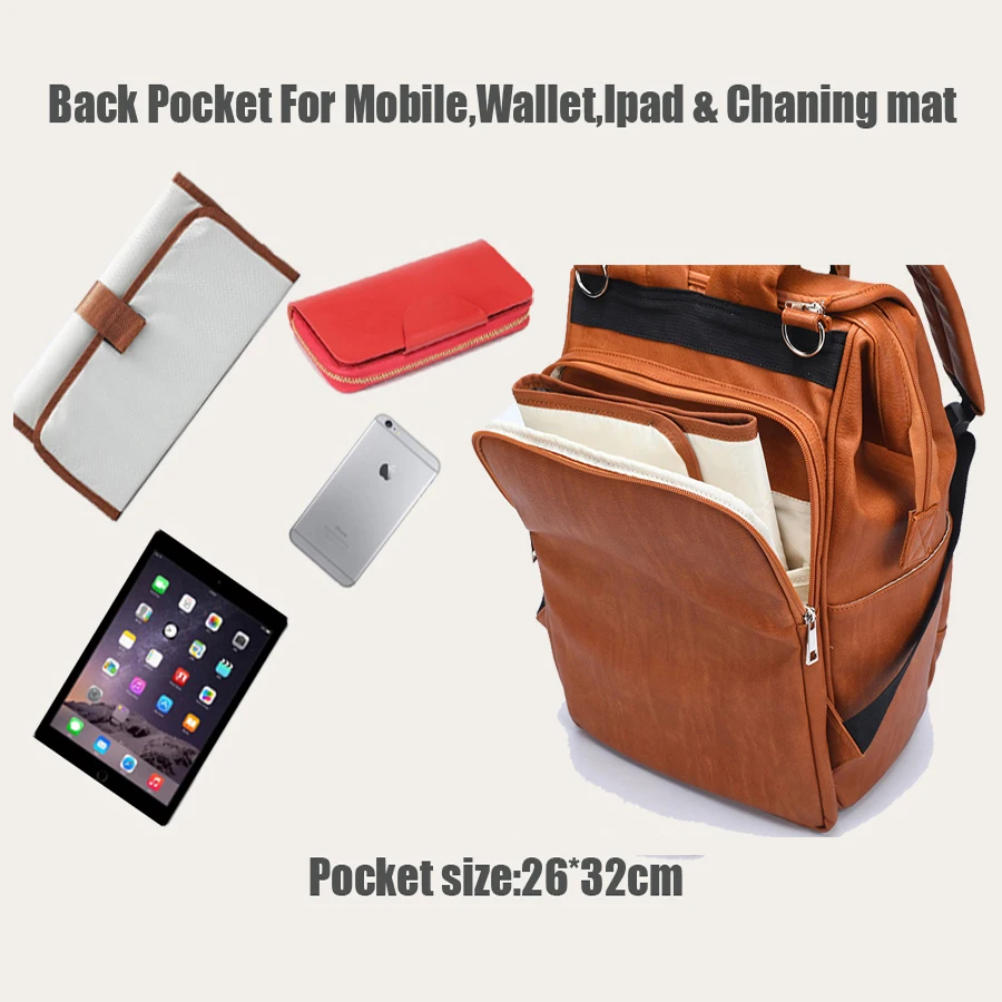 

New Unisex Fashion Quality PU Leather Baby Diapers Bag Backpacks Maternity Changing Pad Stroller Straps Baby Bags Water Proof