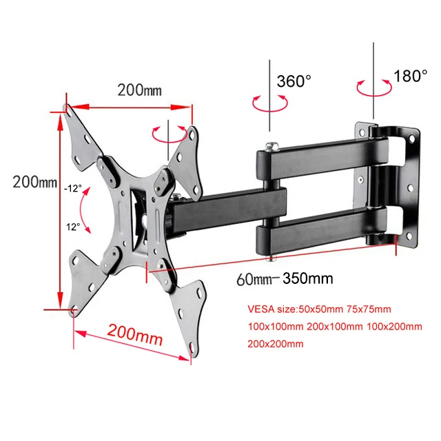 12-37Inch Retractable TV Wall Mount Bracket Loading 15Kg Full Motion Bracket Mount for Flat Screen Up To 200X200Mm