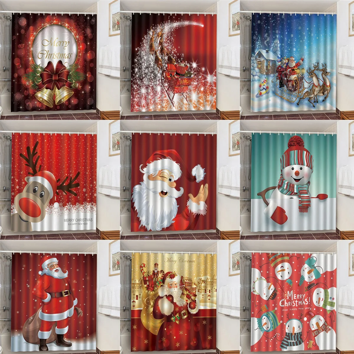 

2022 Christmas Decor Santa Claus Bathroom Curtain Polyester Fabric Shower Curtains Elk Snowman Waterproof Bathtub Rideau De Bain