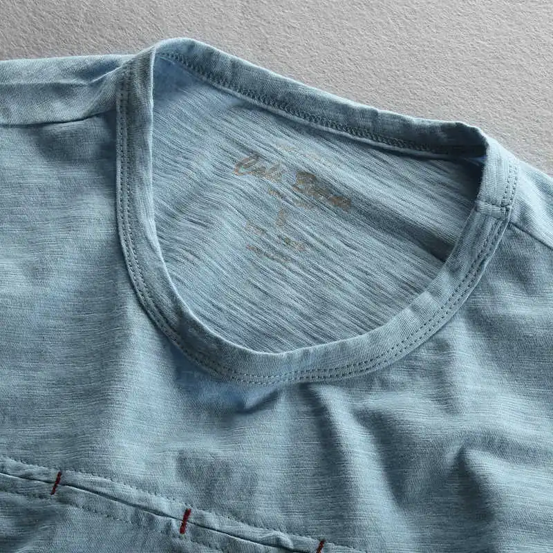 

summer o-neck short sleeve pure cotton t-shirts men White blue casual t-shirt for male breathable patchwork tees men tops