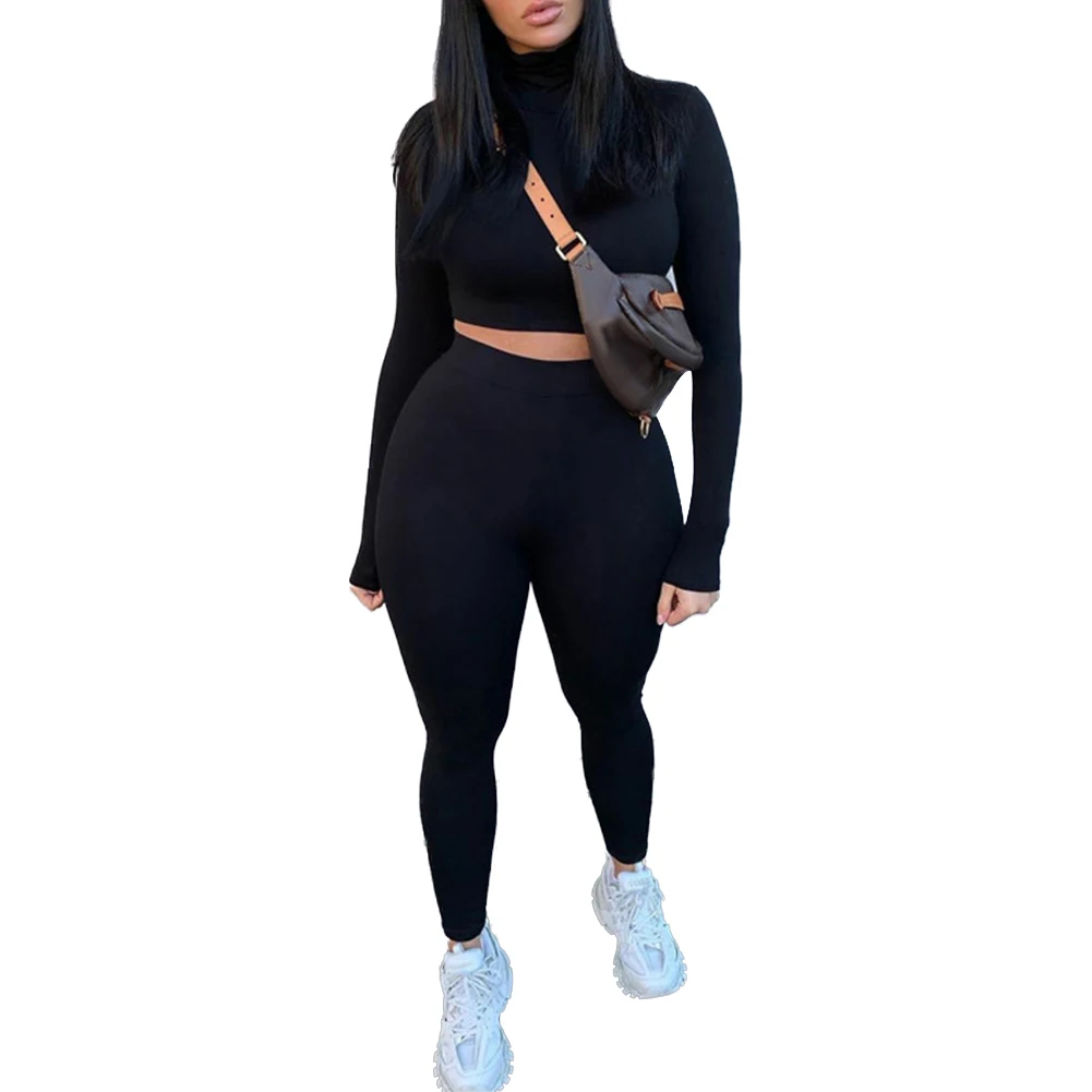

Womens Summer Suits, Solid Long-Sleeves Short Top + High-Waist Skinny Pants Casual Outfits for Ladies, White/Black/Grey