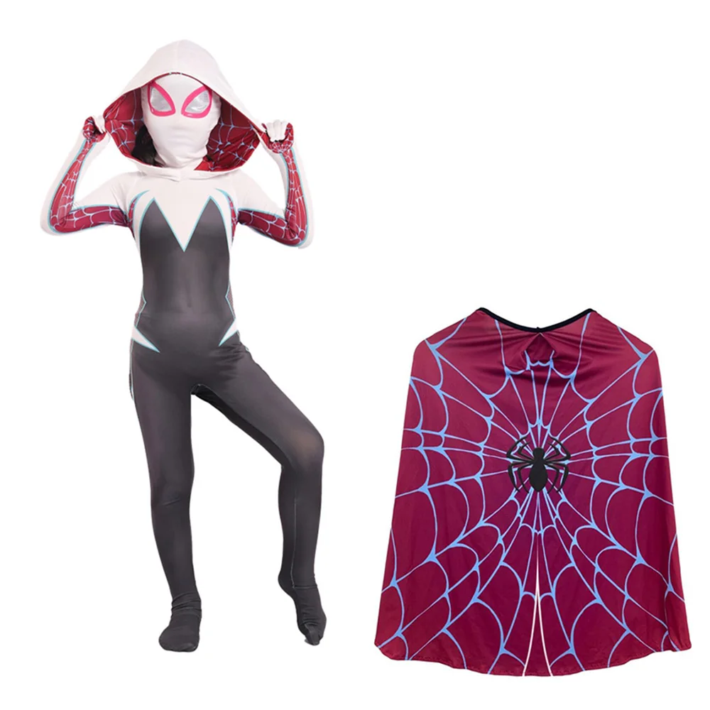 Girls Spider-Gwen Cosplay Costumes spider patten Hoodies with Headgear Costumes Suitable for Halloween 24 Hrs Shipped Out