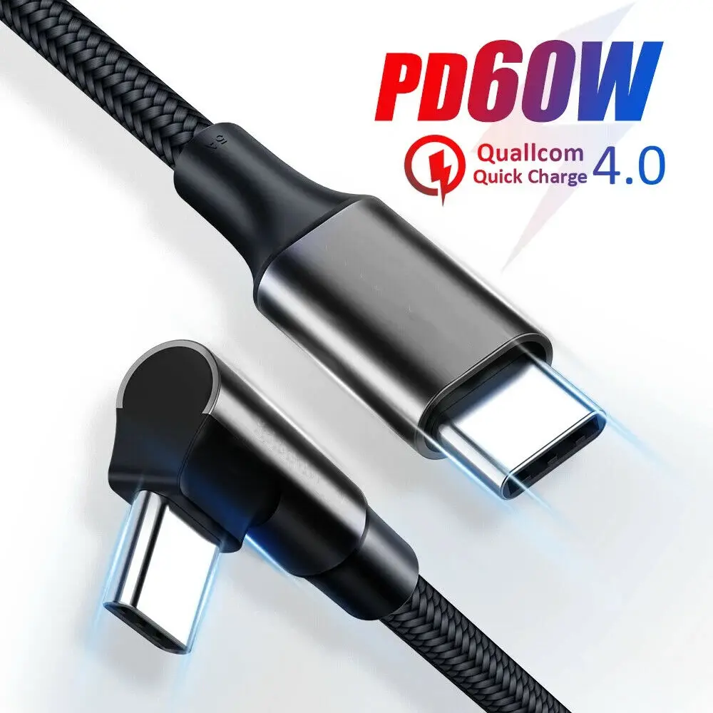 90 Degrees 0.5m/1m/2m/3m 3A Quick Charger 90 Degrees USB Type C to USB C Cord PD Cable For Samsung Huawei Xiaomi Redmi Macbook