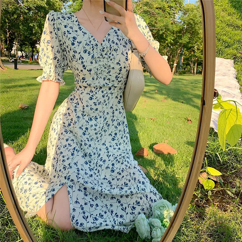 

Summer 2021 New Clothes Harajuku Floral Dress For Women Party French Retro Office Lady Casual Club Mini Sexy Dresses