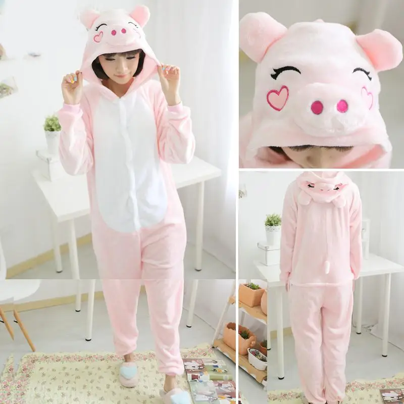 Pink Pig FL Пижамы для взрослых, Женские Фланелевые пижамы, кигуруми, единорог, Ститч, тигр, Тоторо, Мультяшные животные, пижамные комплекты, пижамы с капюшоном - Цвет: Pink Pig FL