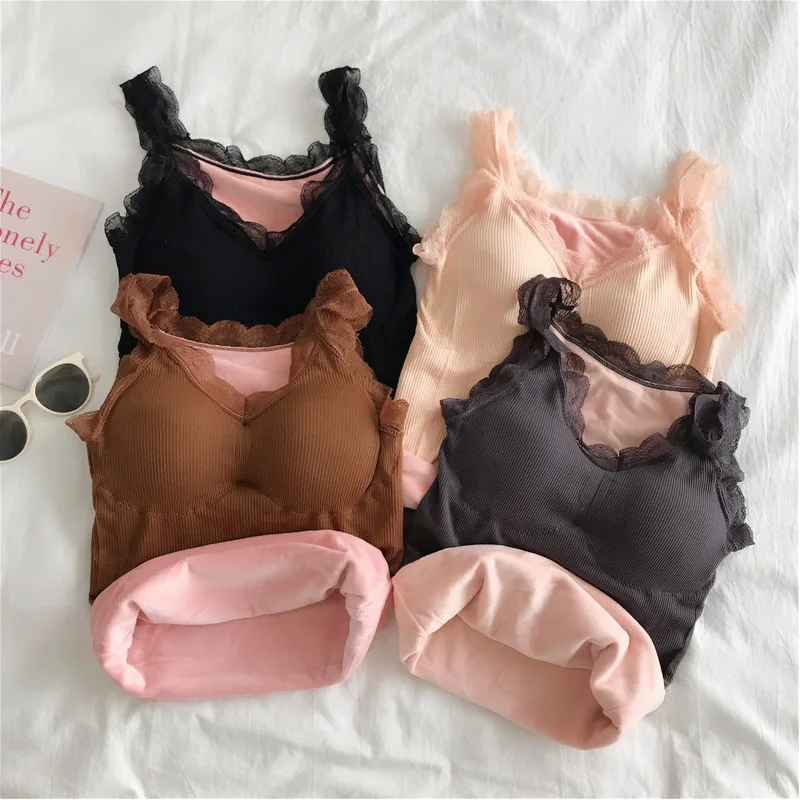 

2020 Winter New Plush and Thickened Slim Solid Color With Warm V-neck Bottom Vest Women's Suspender Lace Slim Clothes