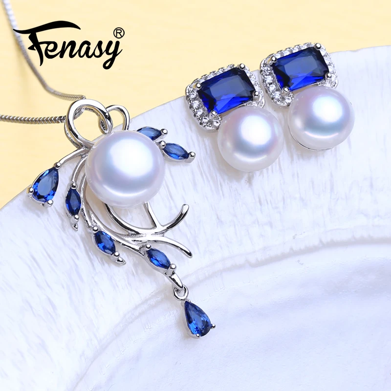 

FENASY 925 Sterling Silver Necklace Natural Pearl Jewelry Sets For Women Bohemian Stud Earrings Sapphire Pendant