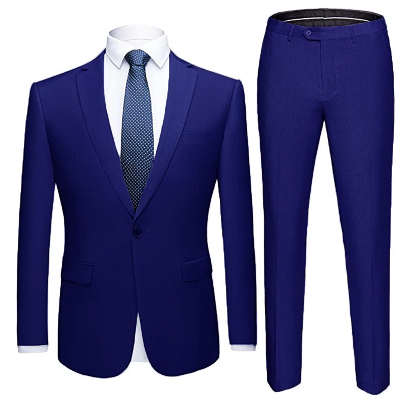 

Мужской облегающий костюм, свадебный костюм на одной пуговице, костюм из 2 предметов (пиджак + брюки), синего цвета, 2020