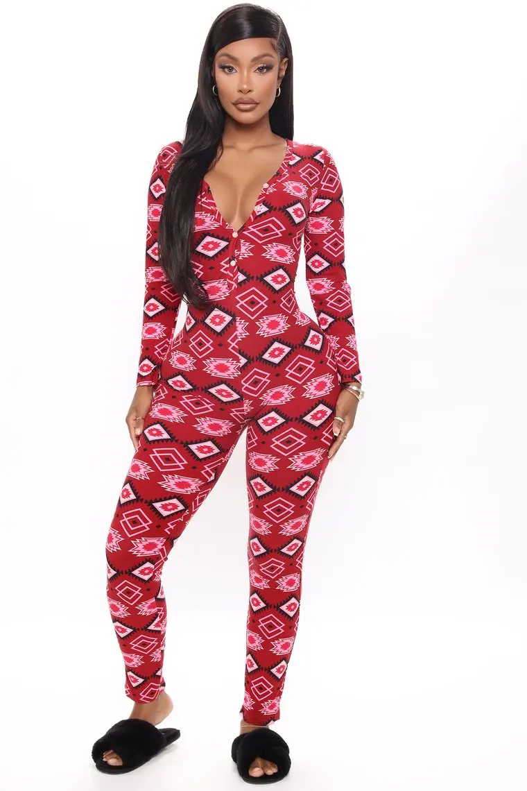 

2021 Xmas New Brand Women Playsuit Home Elastic Yoga Casual Christmas Long Sleeve V-Neck Buttons Red grid print Plaid jumpsuit