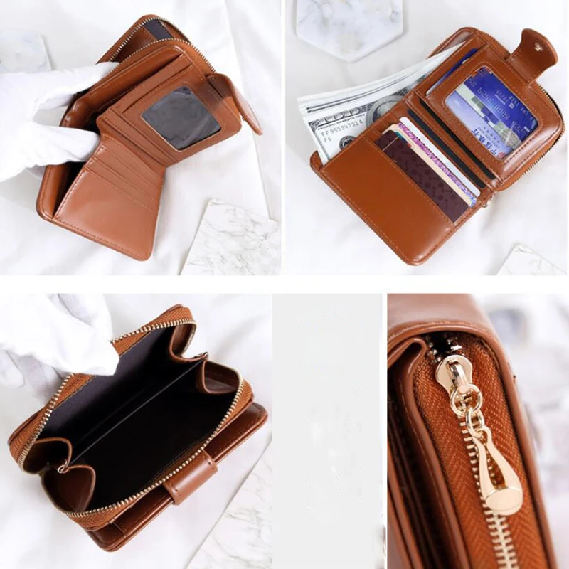 Короткий кошелек из ПУ кожи женский на молнии и пуговицах красный маленький