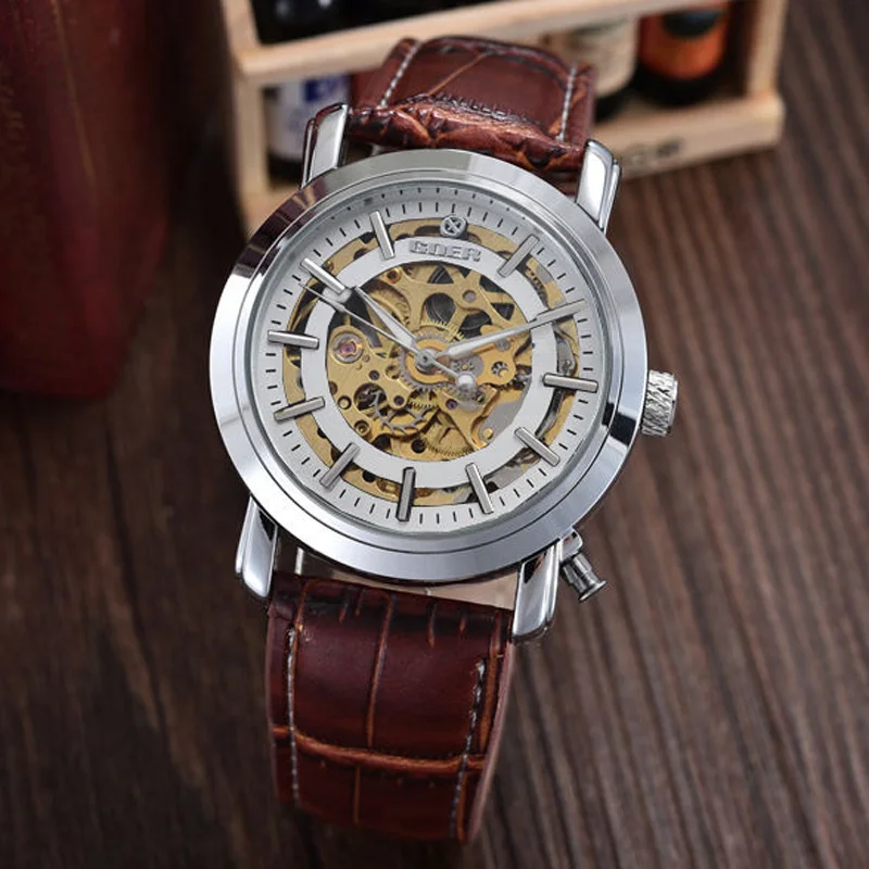 

Top Brand Luxury Automatic Mechanical Skeleton Watches PU Leather Fashion Casual Men Watches relogio masculino Winner GOER
