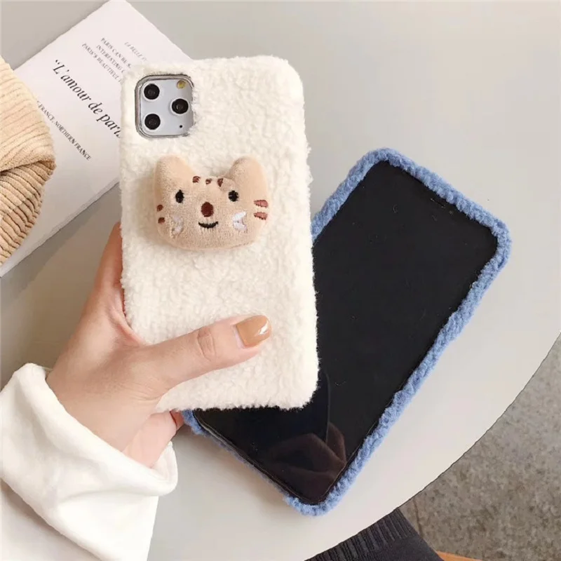 Для iphone 11 чехол XS X XR Pro Max 7 8 Plus мультяшный мех теплый милый котенок рыбка мягкий