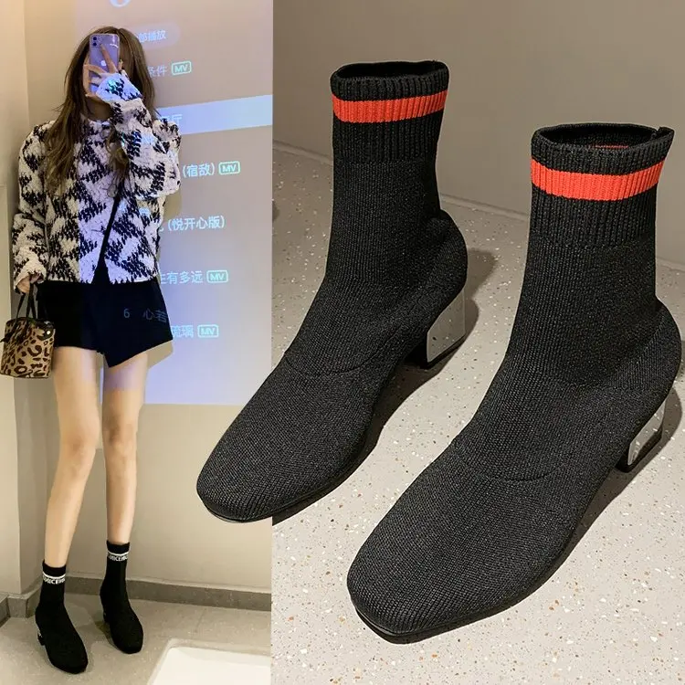 

Женские ботинки, Новые осенне-зимние ботинки из эластичной ткани на толстом каблуке, корейские ботинки-носки, маленькие ботильоны на высоко...