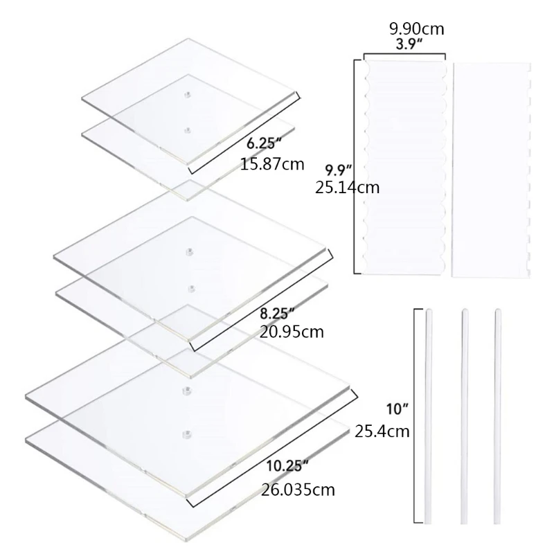 

11pcs Acrylic Round/Square Cake Disk Set Circle Base Boards with Center Hole Pillar Comb Scrapers Dowel Rod Kitchen Tool